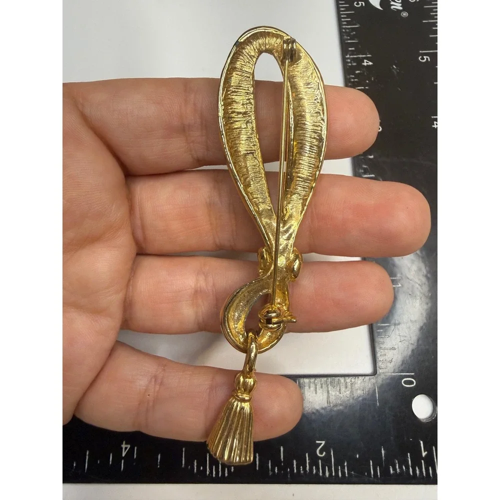 Vintage Gold Tone Knot Tassel Brooch Statement Pin Long Dangle Drop